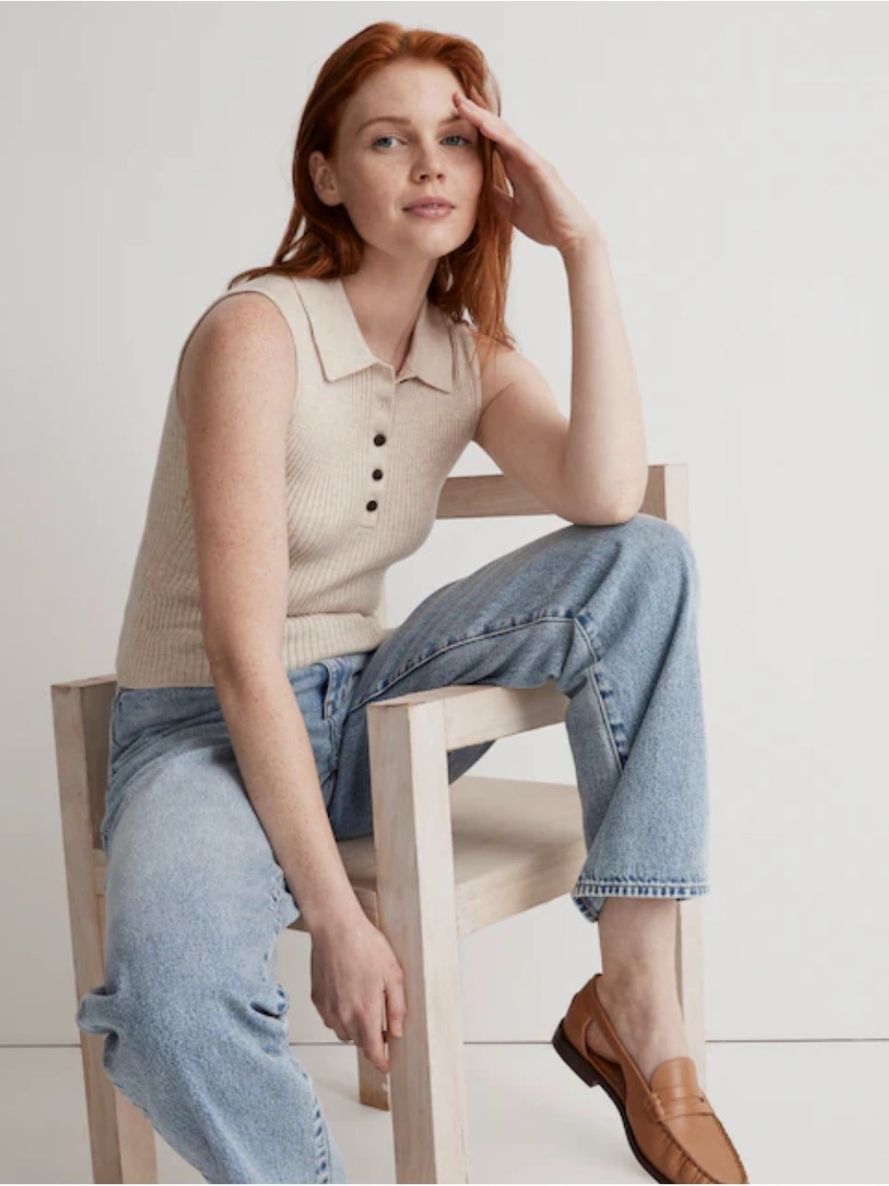 Madewell Cream Ribbed Sleeveless Polo Tank